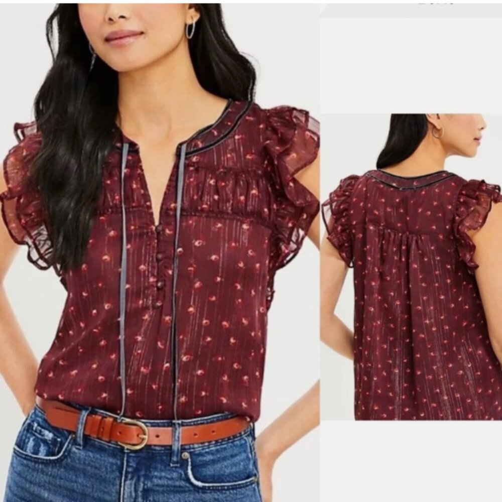 LOFT Shimmer Floral Velvet Tie Neck Shell Rose Print Ruffle Sleeves